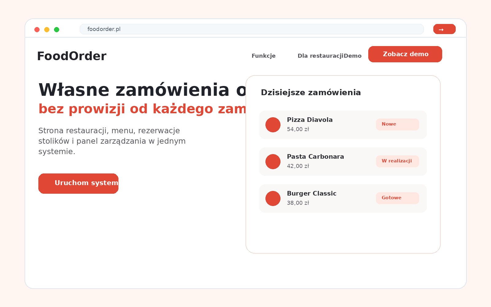 Podgląd strony i systemu FoodOrder Pro dla restauracji